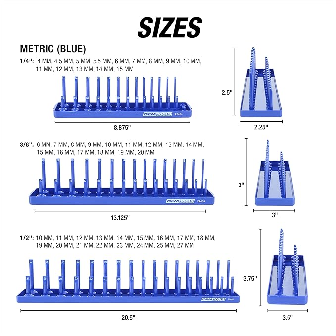 OEMTOOLS 22237 6 Piece SAE and Metric Socket Tray Set, SAE and Metric Socket Storage for Sizes 1/4", 3/8?? and 1/2" Drive, Socket Holders and Socket Organizer Tray for Toolbox, Red and Blue