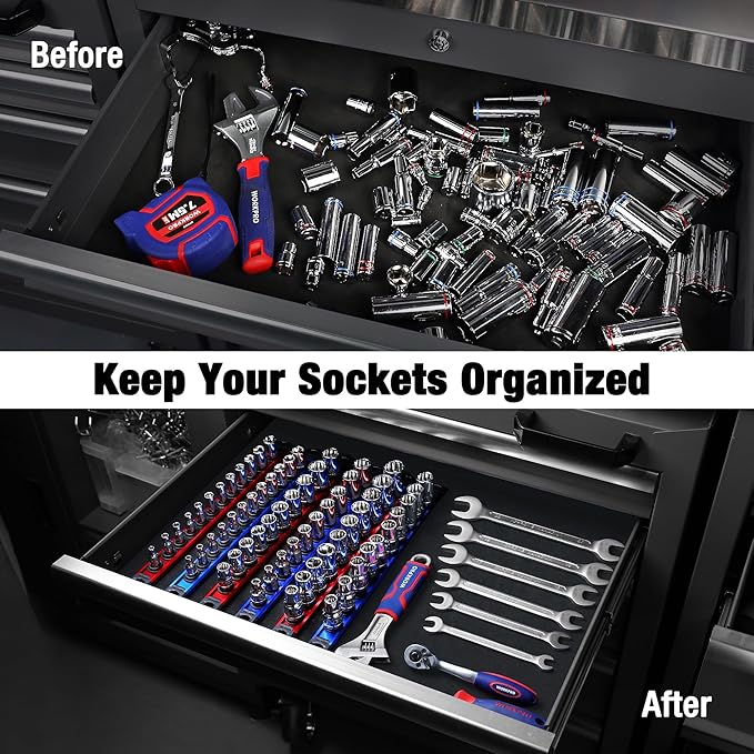 WORKPRO Magnetic Socket Organizer, 1/4-Inch Drive Aluminum Alloy Sockets Rail, Heavy Duty Sockets Holder, Socket Rack Kit 1/4-Inch x 12 Clips (Blue)