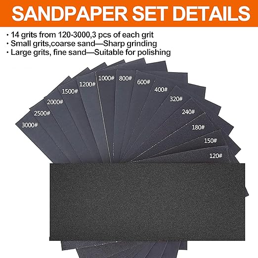 Wet & Dry Sandpaper Set, 42 Sheets of 120 to 3000 grit Sandpaper with Sanding Block Sander,for Wood Furniture Finishing Metal Automotive Sanding Polishing