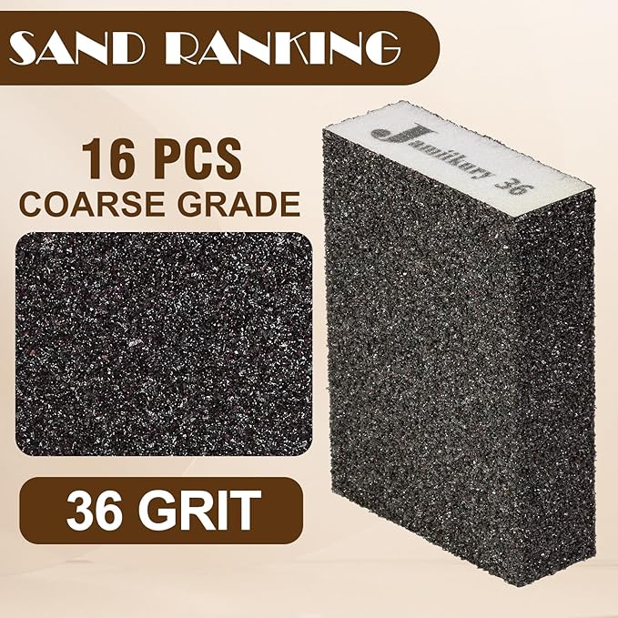 16Pcs 36 Grit Sanding Blocks, Jamiikury Coarse Sanding Sponge Washable and Reusable, Wet Dry Sandpaper Sponge for Wood Metal FurniturePaint and Drywall