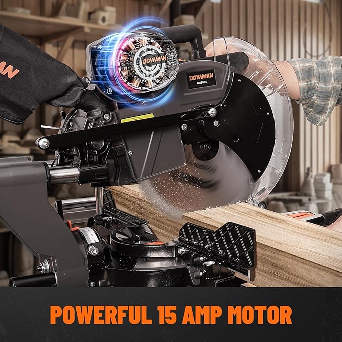 DOVAMAN 12-Inch Dual-Bevel Miter Saw, Compound Sliding Miter Saw, Ambidextrous Operation, 3800RPM, 4.2 x 13in Cutting Capacity, Laser Guide, 0-45° Bevel & Miter Cut, 9 Positive Stops, 15-Amp Corded