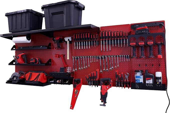 OmniWall Weekend Warrior Ultimate Tool Kit-96" x 32" Metal Pegboard Wall Storage System Red/Black