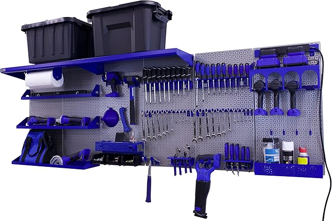 OmniWall Weekend Warrior Ultimate Tool Kit-96" x 32" Metal Pegboard Wall Storage System Silver/Blue