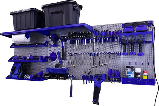 OmniWall Weekend Warrior Ultimate Tool Kit-96" x 32" Metal Pegboard Wall Storage System Silver/Blue