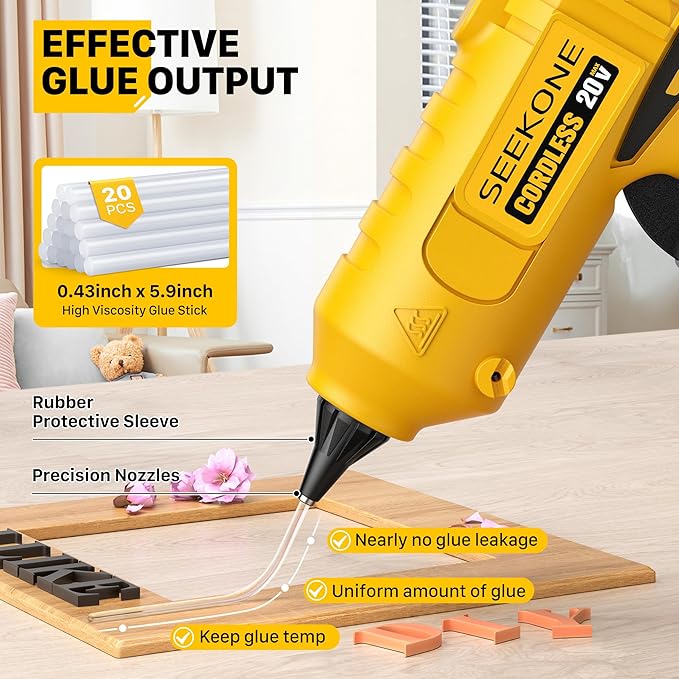 SEEKONE Hot Glue Gun, 100W Cordless Hot Glue Gun for Dewalt 20V Battery, Fast Preheating and Anti-drip Full Size Glue Gun with 20pcs Glue Sticks for Crafts, DIY Arts, Home Repairs (No Battery)