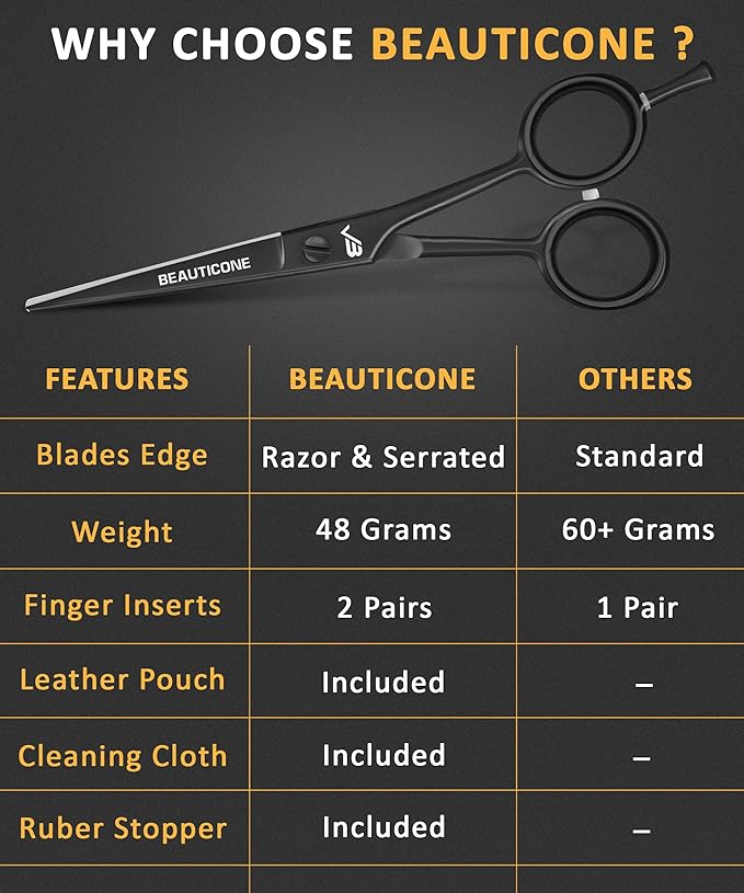 BEAUTICONE 짰 Hair Cutting Scissors - High Carbon SS 6.5" Professional Barber-Grade Salon Shears with Serrated & Razor Edge - Black Premium Gift Box with Leather Pouch & Extra Accs - Ultra Lightweight