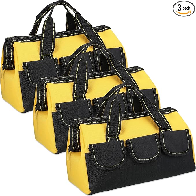 Sanwuta 3 Pack Tool Bag for Men with Waterproof Hard Bottom, Heavy Duty Tool Bag Wide Mouth Tote for Various Instrument, Electrician Carpenter Mechanic(Yellow,13 Inch,Classic)