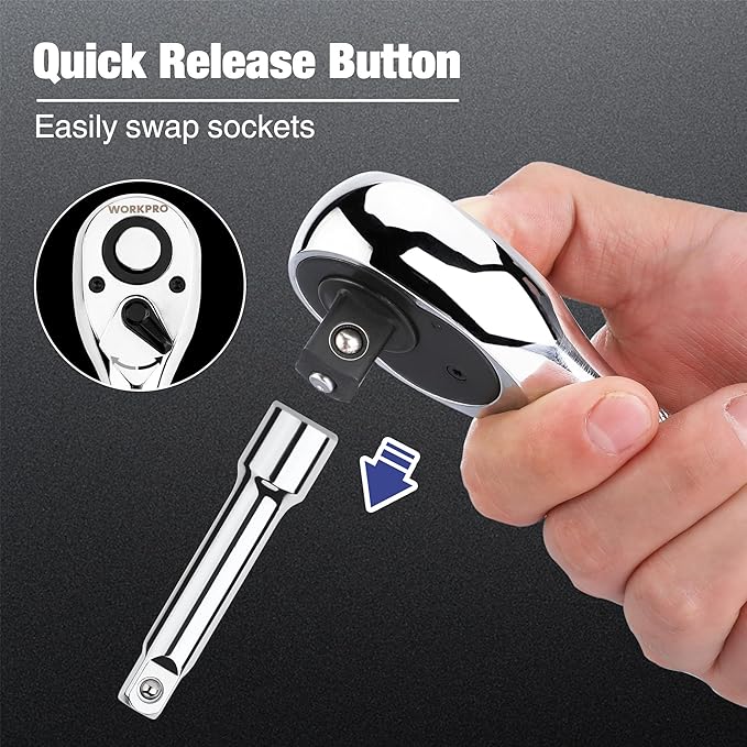WORKPRO 3-Piece Stubby Ratchet Set, Quick Release Reversible, 1/4", 3/8", 1/2" Drive Mini Ratchet Handles, Chrome Alloy Made, CR-MO Head, 72-Tooth, Full Polished