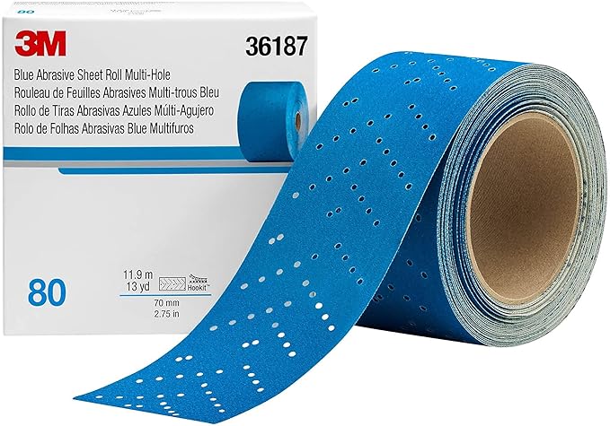 3M Hookit Blue Abrasive Sheet Roll, 36187, Multi-Hole, 2.75 in x 13 yd, 80+ Grade, Automotive Sanding Roll Sandpaper for Coating Removal, Body Repair, Auto Sanding
