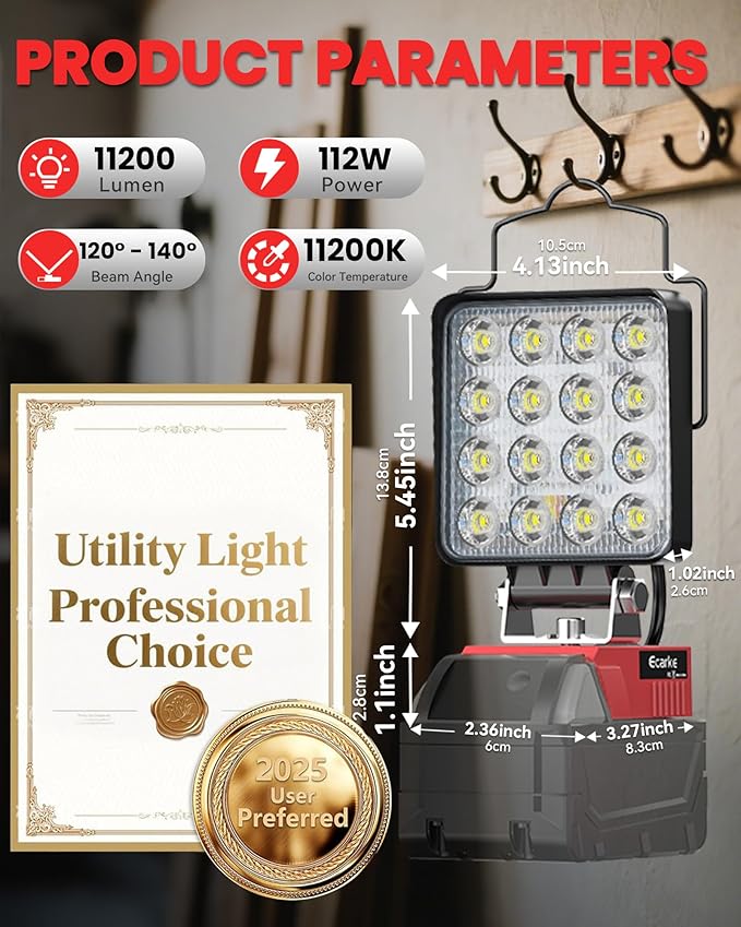 Ecarke LED Work Light Compatible with Milwaukee 18V Battery, 112W Cordless Work Lights 11200LM of Flashlight Battery Light with Low Voltage Protection & Type-C & USB-A Charger Port