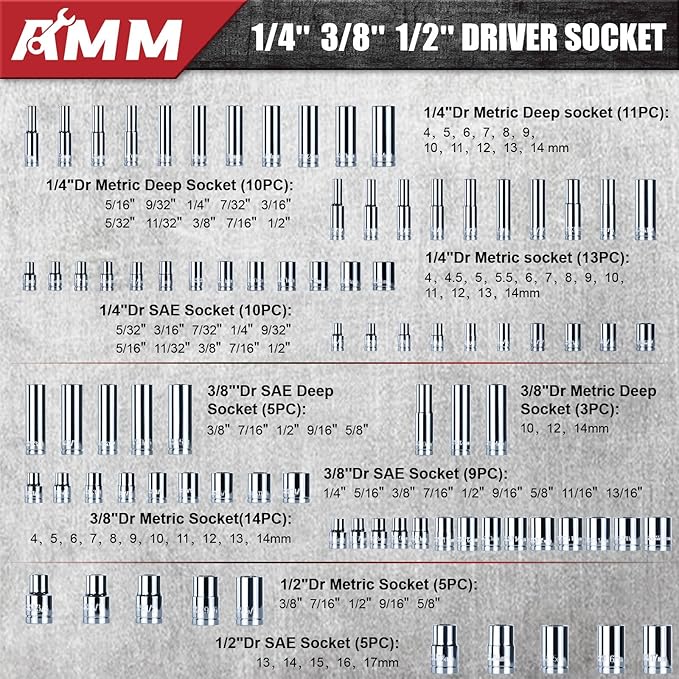 AMM Mechanics Tool Set, 1/4 in, 3/8 in and 1/2 in Drive socket set, 202 Piece