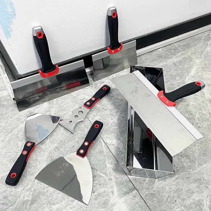 Drywall Hand Tool Kit, 7 Pcs Stainless Steel Drywall Knife Set with Soft Handle, Includes Putty Knife, Taping Knife, Painter Scraper Tool & 13" Mud Pan for Joint Taping, Finishing, Patching