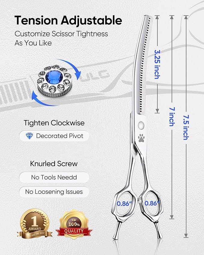 ULG Dog Grooming Scissors 40-Tooth 7.0??Curved Thinning Scissors Seamless 15%-20% Thinning Rate 440C Japanese Stainless Steel Tension Adjustable Left & Right Handed Pet Grooming Shears