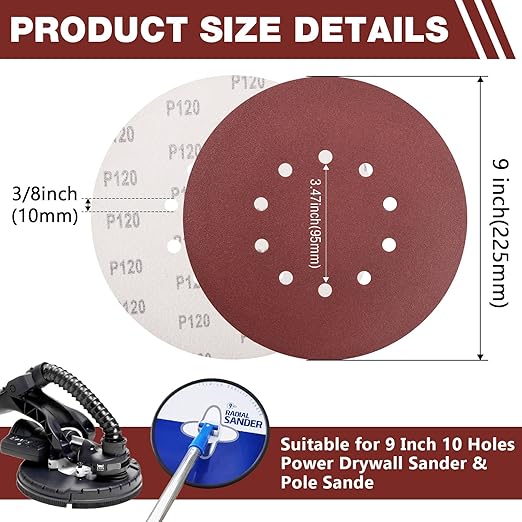50 Pack 9-Inch 10-Hole Hook-and-Loop Sanding Disc, 120 Grit Aluminum Oxide Drywall Sandpaper for ??" Drywall Sander Pads Ceiling Wood Floor