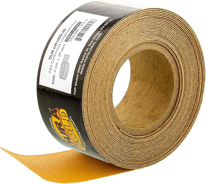 Dura-Gold Premium Gold 1000 Grit PSA Longboard Sandpaper, 20 Yard Roll, 2-3/4" Wide, Self Adhesive Stickyback, Woodworking & Automotive Sandpaper Roll, Air File Sand Paper, Auto Sanding Blocks