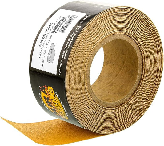 Dura-Gold Premium Gold 1000 Grit PSA Longboard Sandpaper, 20 Yard Roll, 2-3/4" Wide, Self Adhesive Stickyback, Woodworking & Automotive Sandpaper Roll, Air File Sand Paper, Auto Sanding Blocks