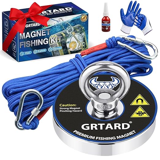 Grtard 700LBS Magnet Fishing Kit for Men's Gifts, Strong N52 Neodymium Fishing Magnets(2.95''), 65ft Rope, Protecting Gloves, Rare Earth Magnets for Retrieving Items, Gifts for Men, Dad, Husband