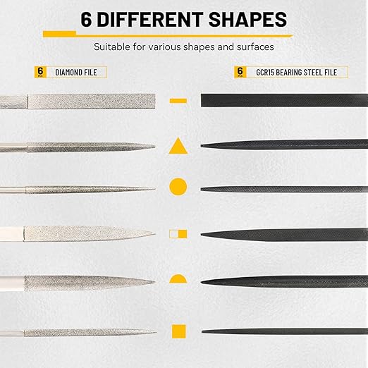 Needle Files Set, 13PCS with 6 Diamond File & 6 Steel Files, Cleaning Brush & Tool Bag for Jewlers Wood Metal Work DIY