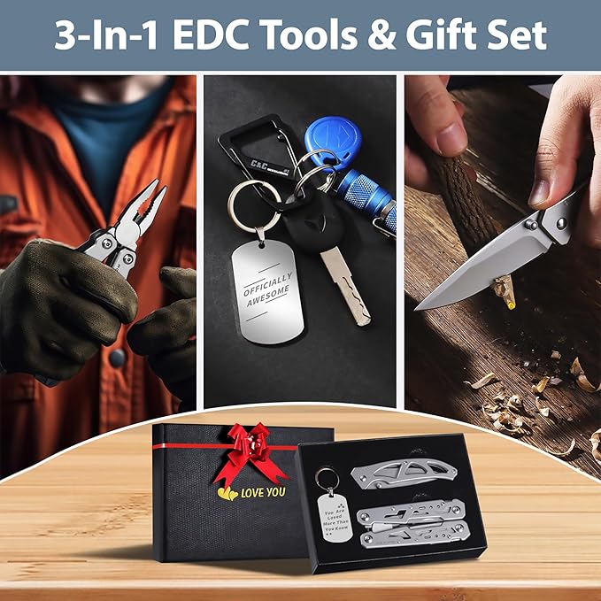 Multitools Gift Set ?쒵OVE YOU?? Gift for Husband Him 14-in-1 Multi-tool Pliers & Folding Knife Set with Keychain Tag, 3-Piece EDC Kit for Camping - Premium Gifting Box for Valentines Day, Birthday