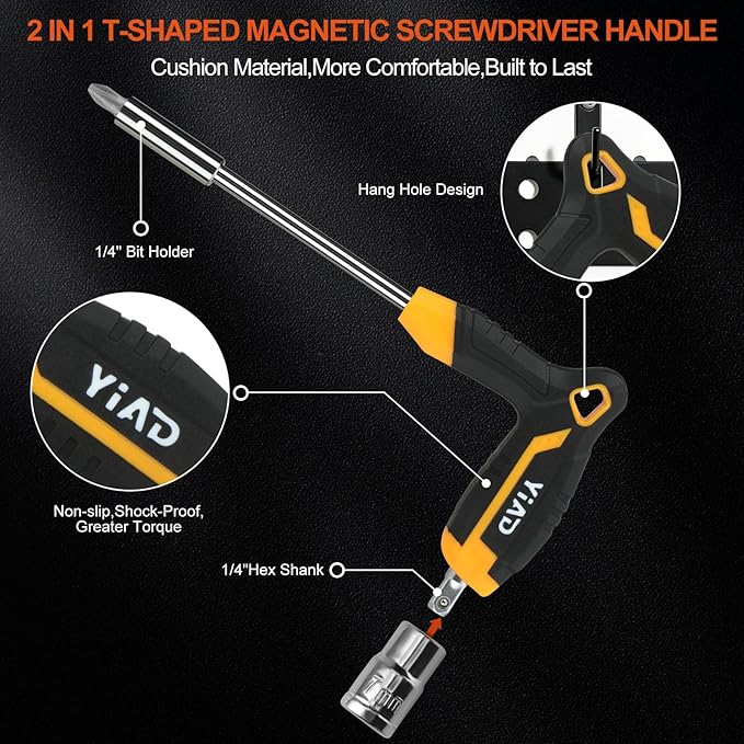 24-Piece T-Handle Magnetic Screwdriver Set, 14 CR-V Steel Bits & 9 Nut Drivers (5-13mm), Ergonomic Non-Slip Grip All-in-One Hand Tool for Household Repair, DIY & Bicycle Maintenance
