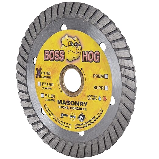 Delta Diamond Boss Hog 4 Inch Turbo Premium Diamond Blade for Masonry, Brick, Block, Pavers, Concrete, Stone, Wet/Dry Cutting, Continuous Rim (4")