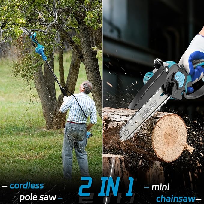 2-in-1Pole Saw竊? Inch Mini Chainsaw Cordless,with Extension Pole,Adjustable 180째 Cutting Angle with 2 Battery, Auto-oil,Pole Saws for Tree Trimming,Ideal Gifts for Men Dad