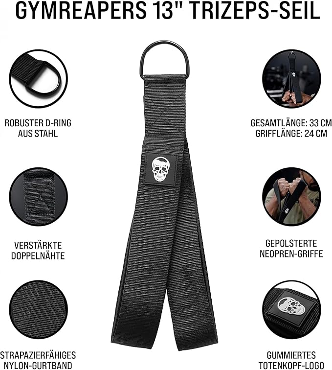 Gymreapers Tricep Rope Cable Attachment - Multi-Workout Tricep Pull Down Cable Attachment - Perfect Gym Cable attachments (3 Lengths Built in One)
