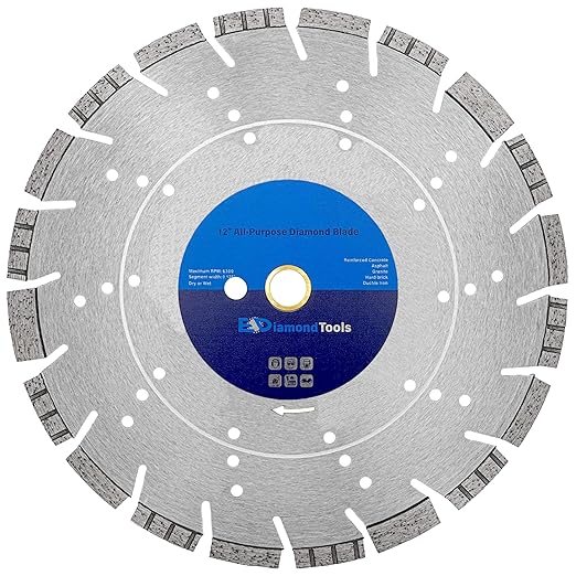 12" All Purpose Diamond Saw Blades for Hard/Reinforced Concrete, Asphalt, Granite, Terrazzo, Ductile Iron Piping, 3-5/8" Cutting Depth, 1" Arbor