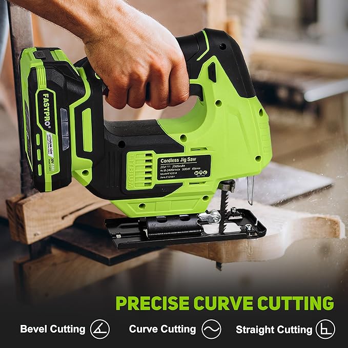 FASTPRO 20V Cordless Jig Saw Kit, Electric Jigsaw with 10pcs Blades & Laser Guide, Included 2.0 Ah Battery, Charger and Edge Guide