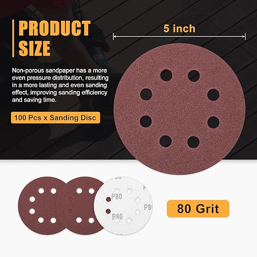 100 Pack 5 Inch Sanding Disc 80 Grit 8 Hole Round Hook and Loop Sandpapers Fit for Orbital Sander Automotive or Cars Repairing, Grinding or Polishing, Red