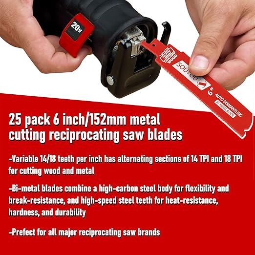 25 Pack 6 in 14/18 TPI Bi-Metal Reciprocating Saw Blades with Organizer Carbide Alloy Steel for Automobile Dismantling Metal Steel Cutting Non-Stick Coated for Less Heat for 1/16-5/16 Medium Metals