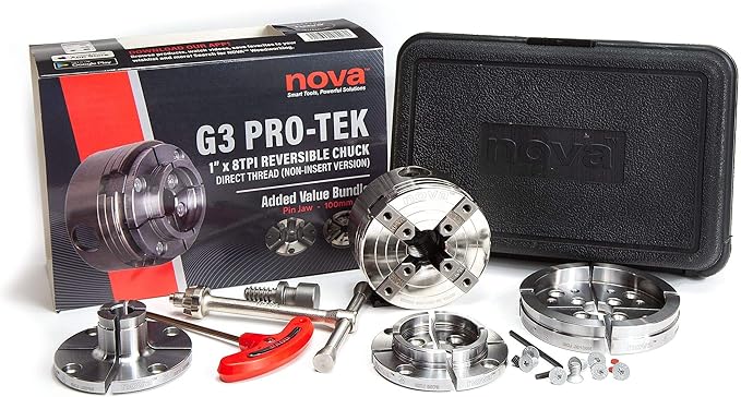 NOVA 48293 PREMIER PRO-TEK G3 CHUCK Bundle with 2" PRO-TEK Jaw Set, JSPIN 1" Pin Jaw Set, JS100N 4" Bowl Jaw Set, Woodworm Screw & Storage Case. 1"x 8 TPI Only (Does Not Use Inserts)