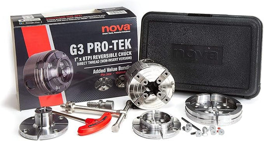 NOVA 48293 PREMIER PRO-TEK G3 CHUCK Bundle with 2" PRO-TEK Jaw Set, JSPIN 1" Pin Jaw Set, JS100N 4" Bowl Jaw Set, Woodworm Screw & Storage Case. 1"x 8 TPI Only (Does Not Use Inserts)
