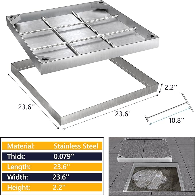 MYOYAY Stainless Steel Manhole Cover and Frame with 2 Lifting Hook, 24x24 inch Recessed Square Septic Tank Lid with Base, Invisible Sewage Basin Inspection Cover for Driveway Yard Pavement