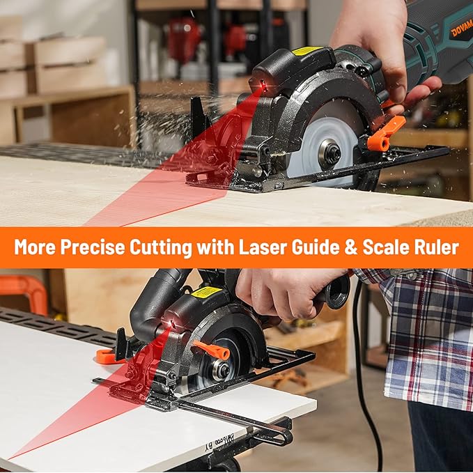 DOVAMAN Circular Saw, 5.8A 4-1/2" Circular Saw w/Laser, Metal Auxiliary Handle, 6 Blades (4½", 4¾"), Cutting Depth 1-11/16" (90°), 1-3/8" (45°), Ideal for Wood, Soft Metal, Plastic, Tile - MCS01A