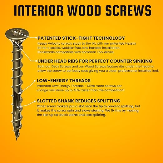 Velocity Interior 2 3/4 Wood Screws DIY Pack (Size #10, 50 Pcs) ??Zinc and Yellow Coating, Stick-Tight Technology Screw for Wood Working with PSD ACR Driver Bit