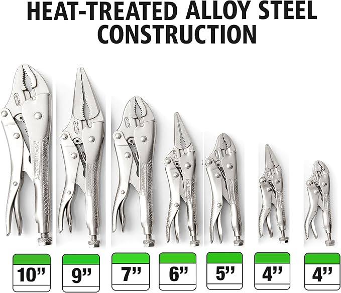 OEMTOOLS 23987 7-Piece Set Locking Pliers, Curved and Long Nose Vise Grips for Gripping and Clamping Tasks, Precision-Machined Vise Grip Jaws, Heat-Treated Alloy Steel, Includes EVA Tray