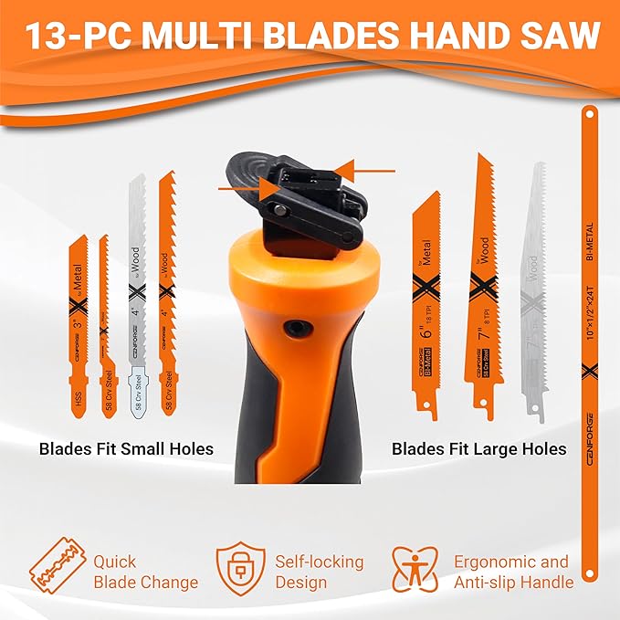 13-PC Multi Blades Hand Saw, Small Hacksaw, Mini HandSaw, Jab Saw, Small HandSaw for Wood, Drywall, Metel, Sheetrock, Plastic (with a Handle for Quick Blade Change)
