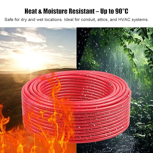XRDS -RF 10 Gauge THHN Wire, 50FT Red Stranded Copper Electrical Wire, 600V, Heat & Oil Resistant, Nylon Sheath Building Wire for Indoor/Outdoor Use