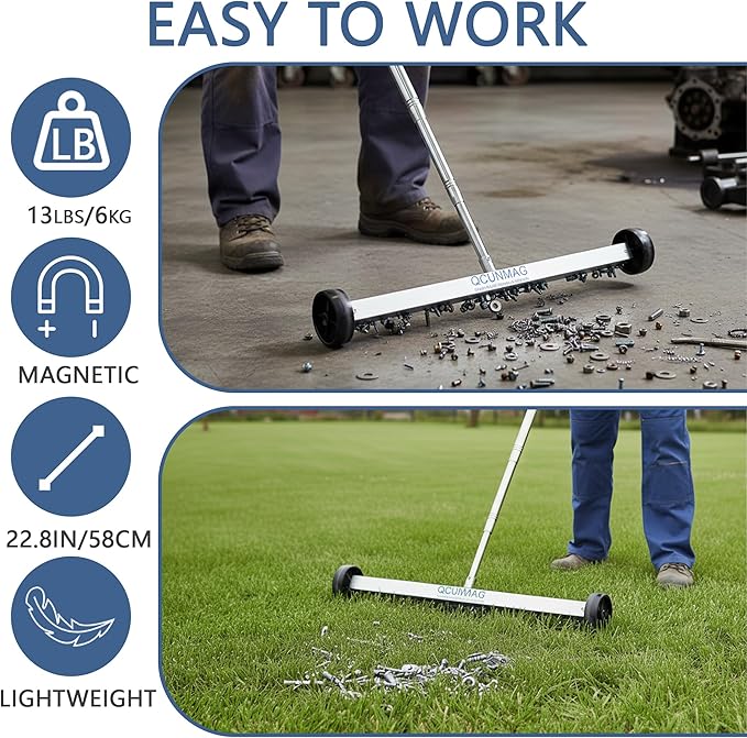 Rolling Magnetic Sweeper with Wheels - 20-Inch Heavy Duty Magnet Roller to Pick Up Nails with Telescoping Handle, 13LB Capacity for Workshop, Garage, Yard & Construction Cleanup
