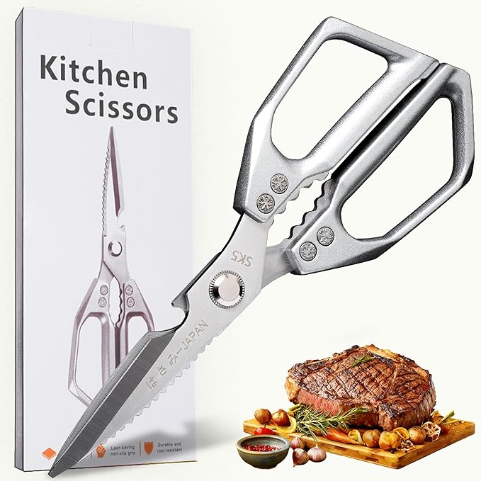 Japanese Kitchen Shears - Professional Heavy Duty Poultry Scissors, Premium Stainless Steel Blade, Sharp Silver Meat Scissors Cuts For Chicken Bones, Meat, Turkey, Fish, Dishwasher Safe