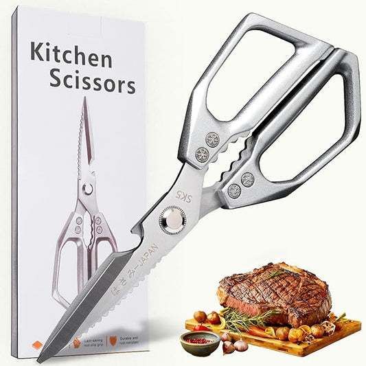 Japanese Kitchen Shears - Professional Heavy Duty Poultry Scissors, Premium Stainless Steel Blade, Sharp Silver Meat Scissors Cuts For Chicken Bones, Meat, Turkey, Fish, Dishwasher Safe
