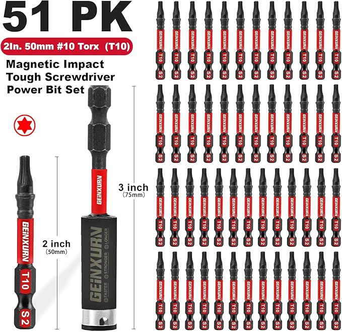 51 Pieces T10 Impact Tough Magnetic Screwdriver Bit Set, 2 In. #10 Torx Head Power Bit Set, S2 Alloy Steel T10 Star Bit with 1Pcs Impact Bit Holder