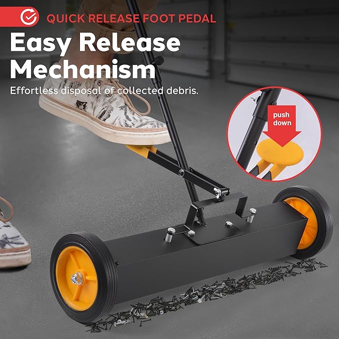 Pyle 24” Rolling Magnetic Sweeper with Adjustable Handle - Strong and Durable Metal Construction, Heavy-Duty Cleaning, Metal Pickup for Industrial and Commercial Use (Black and Orange)