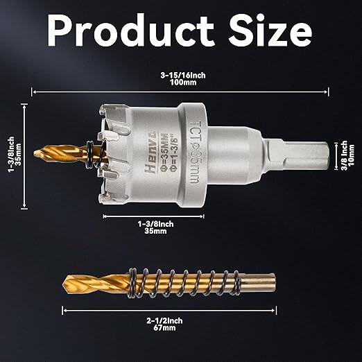 Hole Saw 1-3/8" (35mm) Heavy Duty Carbide with 2 Pilot Drill Bits - Metal Hole Cutter Cuts Stainless Steel, Iron, Copper, Brass, Plastic