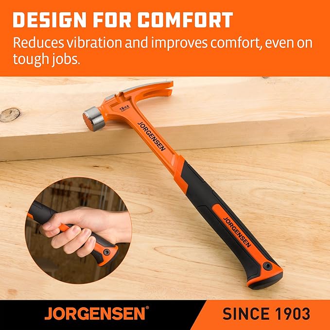 Jorgensen 16 oz Straight Claw Hammer, Rip Claw Hammer with Milled Face & Shock Absorbing Grip, Heavy Duty One-piece Forged Hammer