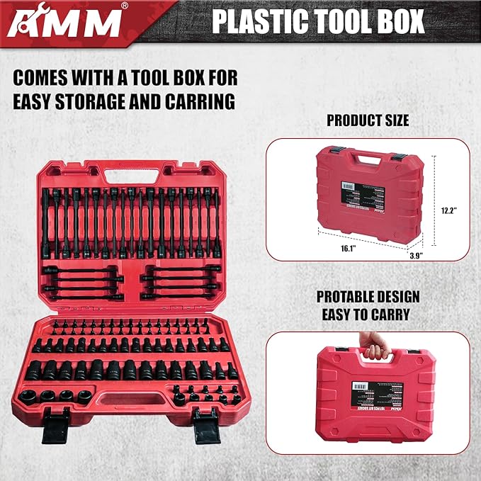 AMM 107PCS Allen and Torx bit socket set, 1/4", 3/8" and 1/2" Drive,Extra long torx/Tamper proof torx/Hex/Ball End Hex,SAE/Metric socket set, S2 Alloy steel bits