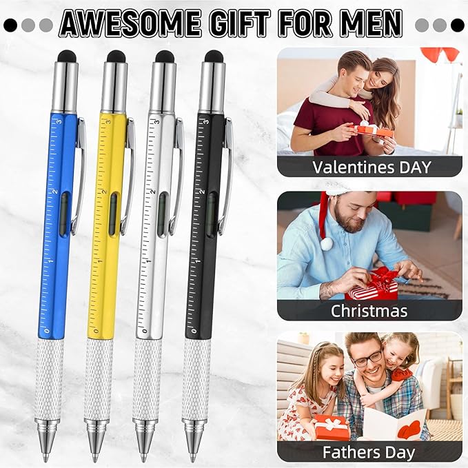 Yeaqee 60 Pcs Stocking Stuffers Bulk Gifts for Men 6 in 1 Party Favor Father's Christmas White Elephant Gifts Multi Tool Pens with Ruler, Level Gauge for Adult (Novel Color)