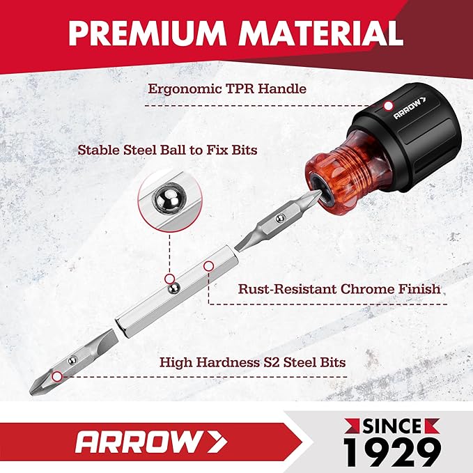 ARROW 5-in-1 Stubby Screwdriver, Multi-Bit Screw Driver & Nut Driver, Premium S2 Steel, Comfortable Grip, with Phillips, Slotted, Hex Socket, for Tight Spaces and Various Screw Tasks