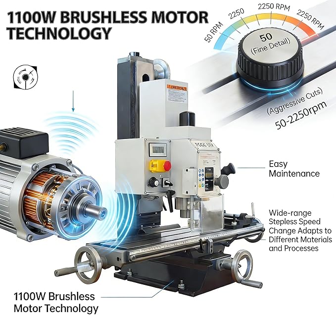 INTBUYING Benchtop Mini Milling Drilling Machine Brushless Precision Mill Drill Lathe, 50-2250rpm, 19in X-Axis Stroke R8 Spindle for Home DIY Metal Wood Plastic Processing RCOG-25V 1100W 110V